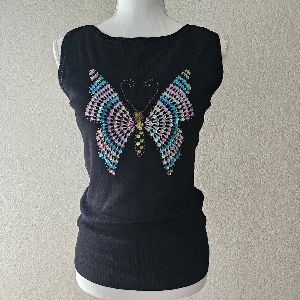Vintage Y2K Sweaterworks black sweater tank w/ sequin & beaded butterfly Size M